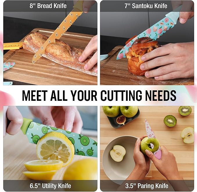 HAUSHOF Kitchen Knife Set, 12-Piece Colorful Knives Set with 6 Sheaths, Non-Stick Coated Stainless Steel Fruit Pattern Blades for Slicing, Dicing&Cutting, Gifts Knife Set for Dad, Mom