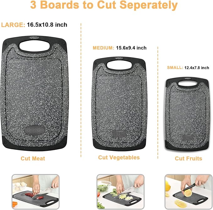 Plastic Cutting Board, 3 Pieces Dishwasher Safe Cutting Boards with Juice Grooves, Easy Grip Handle, Non-Slip, with Grinding Area for Grinding Garlic and Ginger（Dark Grey, XL）