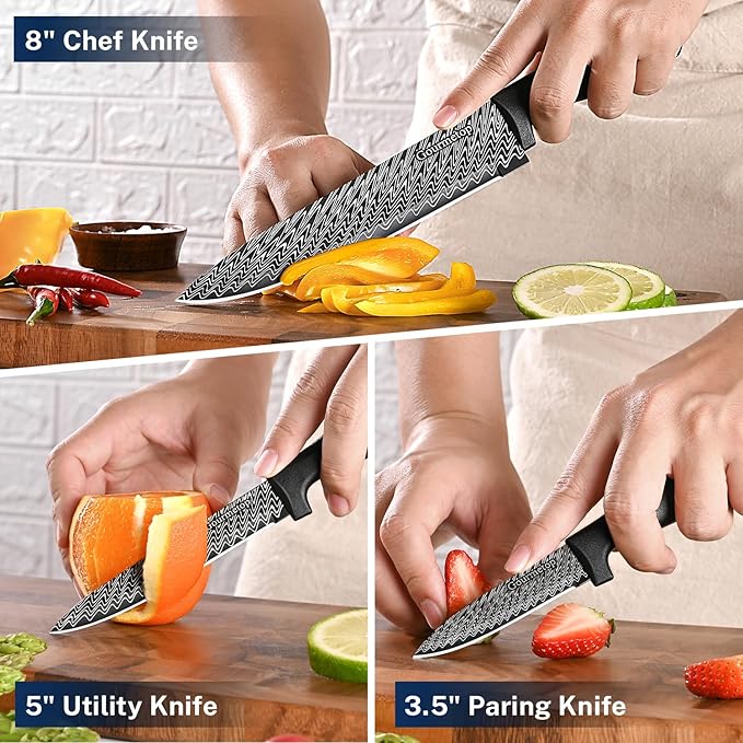 Gourmetop Kitchen Knife Set with Cover 3 Pcs, Black Chef Knife Set for Cooking, Sharp Kitchen Knives with Sheath, 8'' Chef Knife, 5'' Utility, 3.5'' Paring, Damascus Pattern Kitchen Knife for Cutting