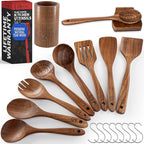 PriorityChef Wooden Spoons for Cooking, Premium 8pc Teak Wood Utensil Set with Hanging Hooks, Utensil Holder and Spoon Rest