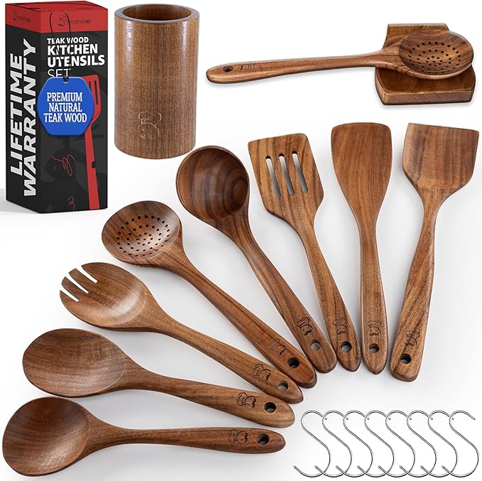 PriorityChef Wooden Spoons for Cooking, Premium 8pc Teak Wood Utensil Set with Hanging Hooks, Utensil Holder and Spoon Rest