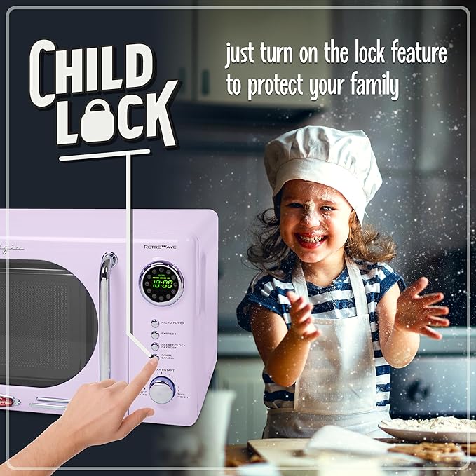 Nostalgia Retro Compact Countertop Microwave Oven - 0.7 Cu. Ft. - 700-Watts with LED Digital Display - Child Lock - Easy Clean Interior - Lavender