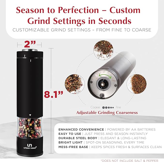 Electric Salt and Pepper Grinder - Battery Operated Stainless Steel Pepper Mill with Light (Black) - Automatic One Handed Operation - Electronic Adjustable Shaker - Ceramic Grinder