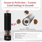 Electric Salt and Pepper Grinder - Battery Operated Stainless Steel Pepper Mill with Light (Black) - Automatic One Handed Operation - Electronic Adjustable Shaker - Ceramic Grinder