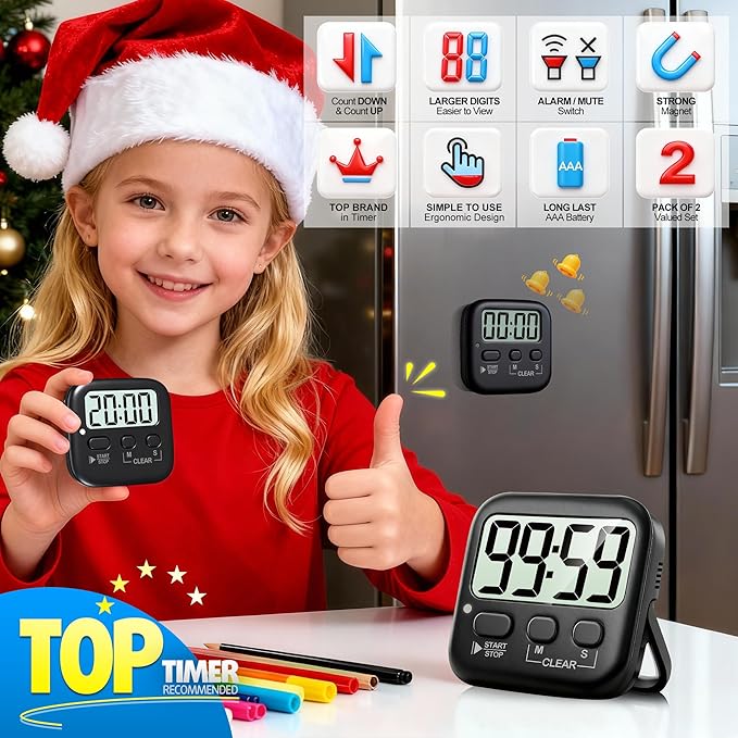Antonki 2 Pack Digital Timer for Kids, Magnetic Countdown Kitchen Timers for Cooking, Egg, Classroom, Teacher, Exercise, Study, Oven - Battery Included