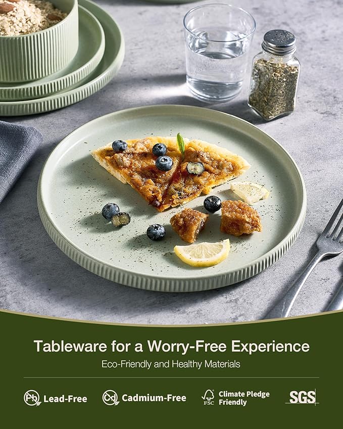 Famiware Star 18-Piece Reactive Glaze Plates and Bowls Sets, Service for 6 - Stoneware Dinnerware Set, Modern Rustic Ribbed Dishes, Chip/Scratch Resistant, Microwave/Dishwasher Safe, Matte Sage Green