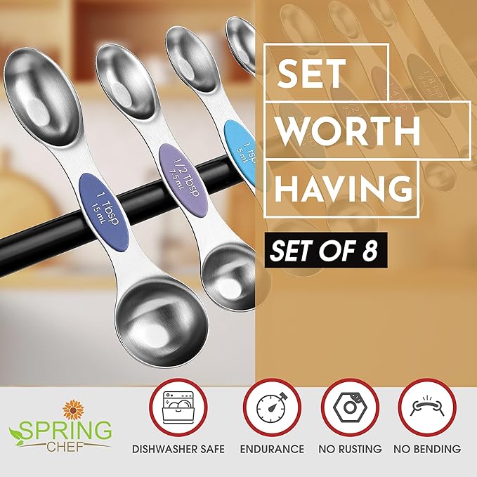Spring Chef Stainless Steel Magnetic Measuring Spoons Set of 8 with Leveler, Dual Sided Metal Teaspoon & Tablespoon Measuring Spoons, Nesting Kitchen Gadgets for Baking & Cooking - Winter Frost
