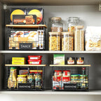2 Set XL Stackable Wire Basket with Bamboo Tops & Tags- Pantry Organizer and Storage Bins, Kitchen Counter Cabinet Shelf Countertop Under Sink Organizing, Food Snack Produce Onion Potato Bread Storage