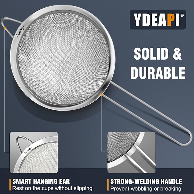 Ydeapi 8.6" Large Fine Mesh Strainer with Handle, Metal Food Strainers for Kitchen, Sieve Fine Mesh Stainless Steel for Rice, Quinoa, Pasta, Noodles