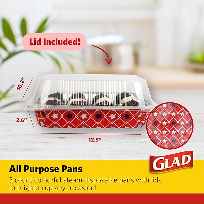 Glad Disposable Aluminum All Purpose Pans in Red, White & Blue Stars, 3ct with Lids - Printed Colorful Foil Steam Pans - 12.5” x 10.2” x 2.16” Aluminum Pan - Disposable Steamware (Pack of 2)