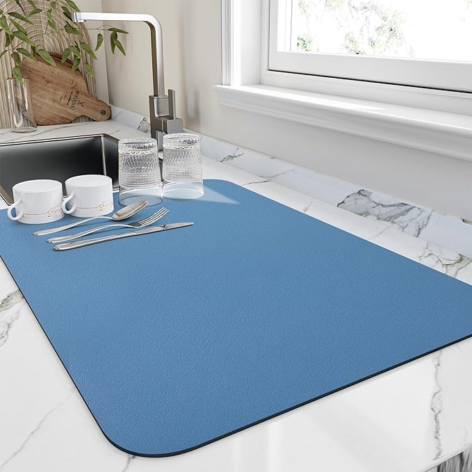 HotLive Dish Drying Mat for Kitchen Counter, Heat Resistant Drainer Mats with Non-slip Rubber Backed, Hide Stain Kitchen Super Absorbent Draining Mat, Easy to Clean Dish Rack Pad, Blue 18"x28"