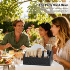 Paper Plate Dispenser for Party, Wood Outdoor Utensil Caddy for Parties, Paper Plate Holders Organizer for Countertop, Black Silverware Holder for Buffet Cutlery, Plates,Flatware, Utensils and Napkins