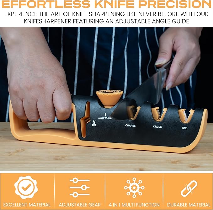 HSQUARE Knife Sharpener for Kitchen – 4-in-1 Manual Sharpener with Adjustable Angle Guide | Pull Through Professional Knife Sharpeners for Kitchen Knives, Scissors, Chef & Pocket Knives