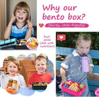 QQKO Bento Box for Kids Adults, School Toddler Lunch Box for Boys Girls, Lunch Box Containers with 4 Compartments, Sauce Container, Utensils, Food Picks and Muffin Cups for School, Pink Blue