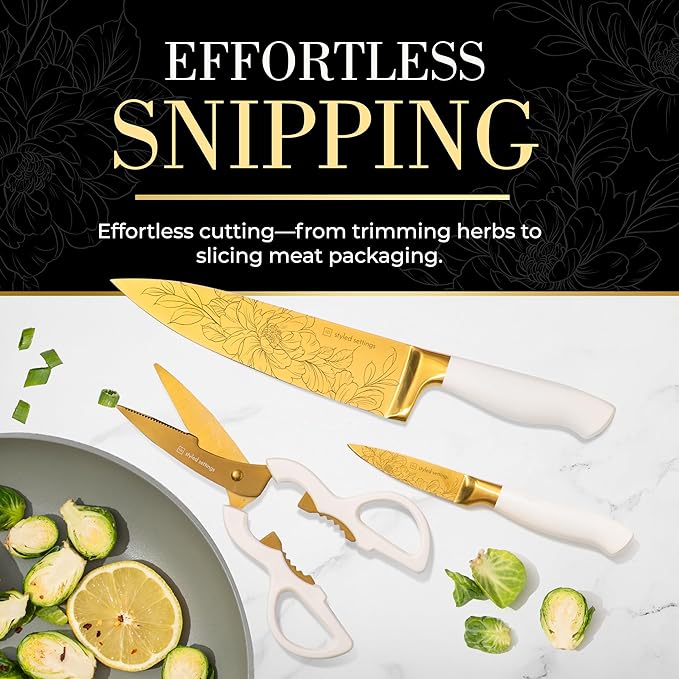 STYLED SETTINGS Knife Set with Built-in Sharpener – 14 PC Golden Titanium-Coated Stainless Steel Blades with Elegant Floral Pattern, Ultra-Sharp, Durable Kitchen Knife Block Set