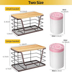 ALOCEO 2 Pack Stackable Wire Storage Basket with Bamboo Lip, Trash Bag Dispenser Under Sink for 4-13 Gal Bags, Kitchen Storage Bins for Potato and Onion, Brown