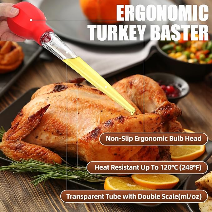 SCHVUBENR Large Turkey Baster with Cleaning Brush - Premium Baster Tool for Cooking - Easy to Use & Clean - Powerful Bulb Baster Syringe - Dishwasher Safe - Thanksgiving, Christmas Essentials - Red