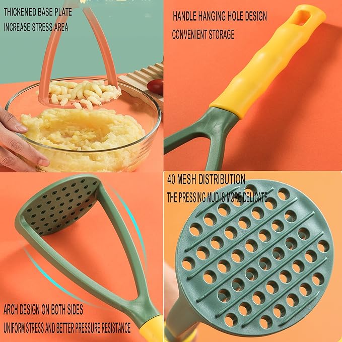 2pcs Potato Masher Manual Masher Kitchen Masher Non-Scratch Nonstick Potato Pumpkin Ricer Smasher Kitchen Tools for Bean, Root Vegetables, Fruits, Baby Food, Avocado potato masher (Green+Orange)
