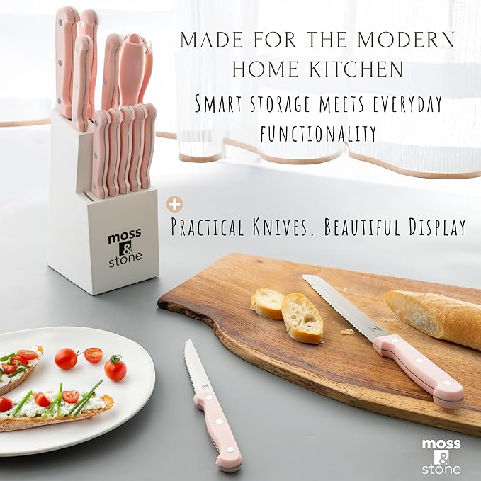 Moss & Stone Pink 14 Pcs Knife Block Set Stainless Steel, Premium Forged Kitchen Knives Set with High-Carbon Blades, Ergonomic Handle, Sharp Blade, Rust Resistant, Modern Style for Home & Chef