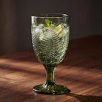 Vintage Green Stemmed Goblets Set of 4, Fern Embossed Textured Glass Wine Goblets, Retro Boho Colored Stemware, Decorative Drinking Glasses for Water, Wine & Cocktails, Vintage Glassware Gift Set