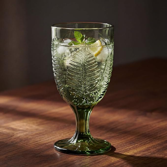 Vintage Green Stemmed Goblets Set of 4, Fern Embossed Textured Glass Wine Goblets, Retro Boho Colored Stemware, Decorative Drinking Glasses for Water, Wine & Cocktails, Vintage Glassware Gift Set