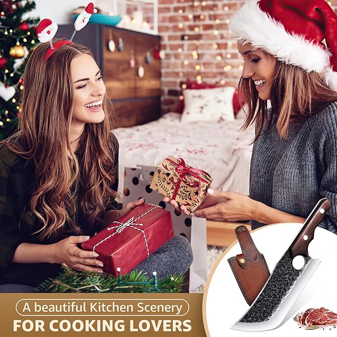 DRGSKL Hand Forged Meat Cleaver Knife Fathers Butcher Knives for Meat Cutting Full Tang Chef Knife with Belt Sheath and Gift Box High Carbon Steel for Kitchen or Camping, Gift for Dad