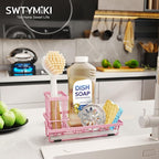 SWTYMIKI Sink Caddy Sponge Holder - Kitchen Sink Organizer with High Brush Holder for Countertop to Hold Dish Soaps and Sponges, Stainless Steel, Pink