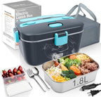 COZYEXPERT Electric-Lunch-Box-Heated-Food-Warmer 100W Heating Lunchbox for Adults 1.8L Portable Food Heater for Work/Car, 12V/24V/110-230V Lonchera Eléctrica Portátil with Fork Spoon (Gray+Blue)