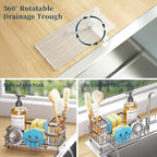 Consuemst Sponge Holder for Kitchen Sink - Auto Draining Sink Caddy Organizer with Detachable Rack, High Brush Holder, Kitchen Countertop Storage Accessories, Silver