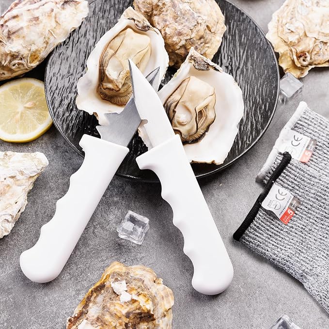 2PCS Oyster Shucking Knife + 4PCS A5 Cut-Resistant Gloves(2M+2L),8" Oyster Knife With Extended Ergonomic Handle,Stainless Steel Oyster Shucker Tool Oyster Opener Tool Oyster Shucking Kit