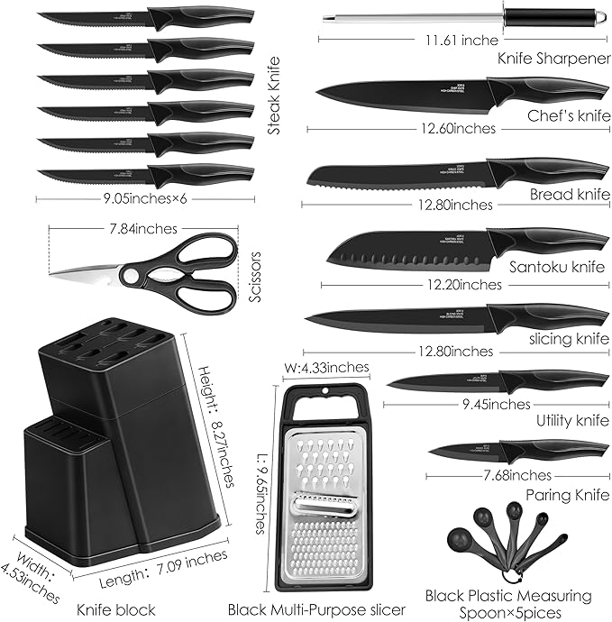HaWare Knife Set, 21 Pieces Stainless Steel Kitchen Knife Block Set, Black Chef Knife Sets with 6 Steak Kinves, Measuring Spoon & Slicer for Home, Sharp Blade & Light Weight Cutlery, Ergonomic Handle