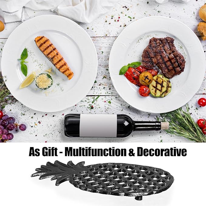 Sumnacon 2 Pack Cast Iron Trivets for Hot Dishes, Pots and Pans - Decorative Pineapple Trivet with Non-Slip Rubber Pegs Rustic Metal Pot Holders for Kitchen Countertop Dining Table Home Decor, Black