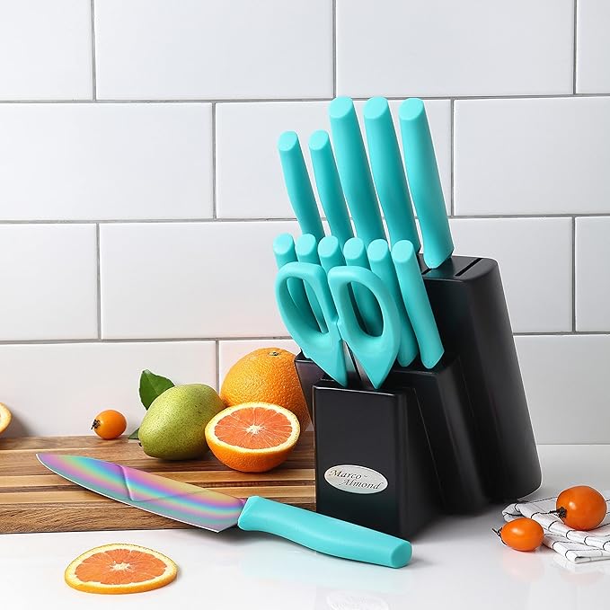 Marco Almond Knife Block Set, Knife Set Rainbow Color, 14 Piece Stainless Steel Kitchen Knife Sets with Block, KYA27 Chef Cooking Steak Knives Set for Kitchen