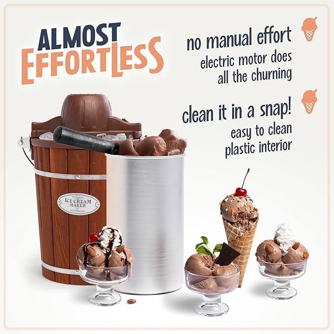Nostalgia Electric Ice Cream Maker With 6 Qt Capacity - Old Fashioned Ice Cream Machine Makes Frozen Yogurt or Gelato in Minutes- Vintage Wooden Style Ice Cream Maker with Aluminum Canister- Dark Wood