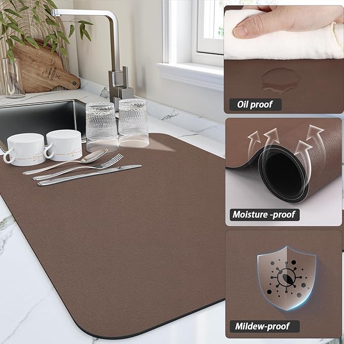 HotLive Dish Drying Mat for Kitchen Counter, Heat Resistant Drainer Mats with Non-slip Rubber Backed, Hide Stain Kitchen Super Absorbent Draining Mat, Easy to Clean Dish Rack Pad, Brown 18"x24"