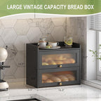 JANSNIMEN Large Bread Box for Kitchen Countertop Wooden Double Layer Breadbox Organizer with Window Vintage Farmhouse Bread Storage Container for Homemade Bread (Black)