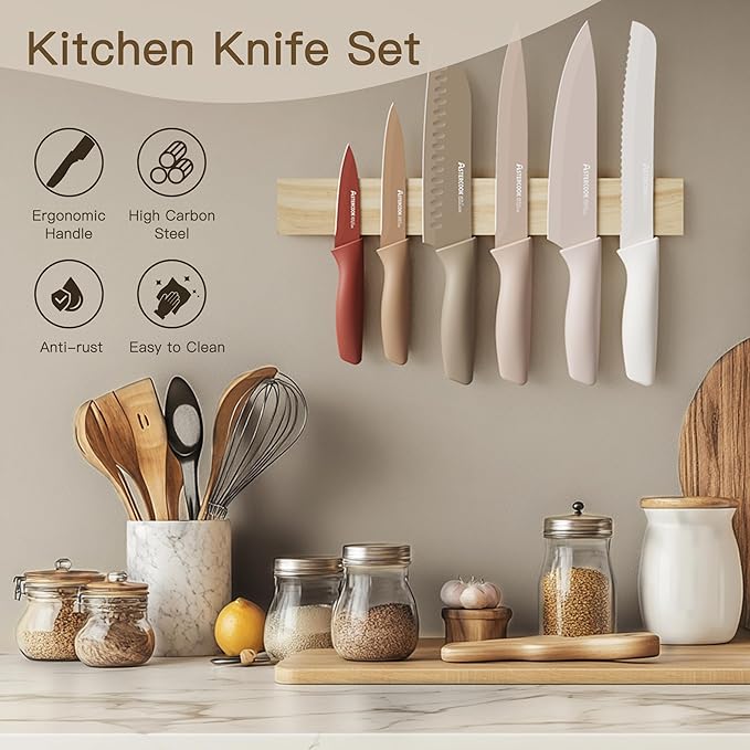 Astercook Knife Set, 13 Pieces Kitchen Knives Set with Healthy Anti-Rust Coating, Dishwasher Safe, Stainless Steel Chef Knife Sets with 6 Blade Guards, Perfect Holiday Gifts for Kitchen (Pack of 2)
