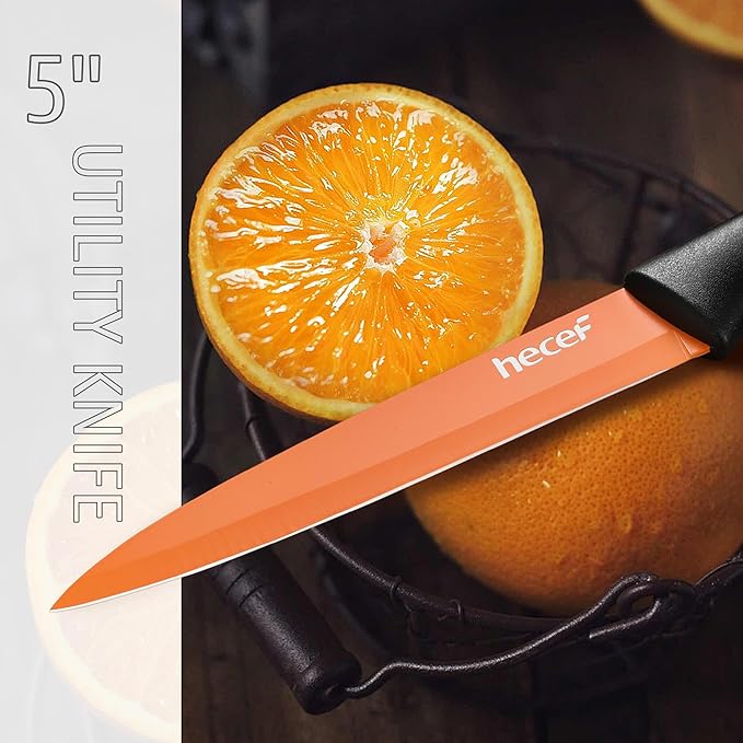 hecef 15 Pieces Kitchen Knife Set with Built-in Sharpening Wooden Block, Dishwasher Safe, High Carbon Stainless Steel Knife Block Set with Steak Knives, Kitchen Scissors (Orange)
