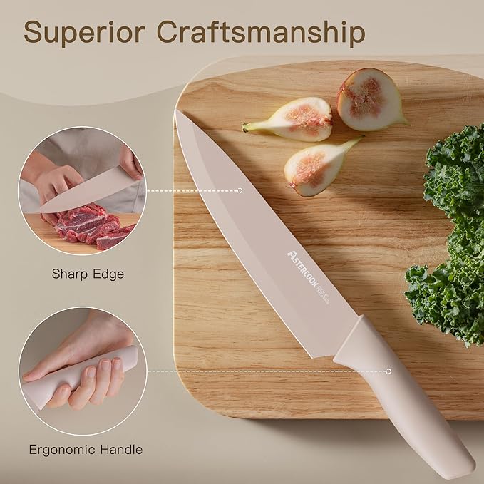 Astercook Knife Set, 13 Pieces Kitchen Knives Set with Healthy Anti-Rust Coating, Dishwasher Safe, Stainless Steel Chef Knife Sets with 6 Blade Guards, Perfect Holiday Gifts for Kitchen (Pack of 2)