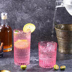 Loivttvv Glassware Drinking Glasses Set of 8, 14 oz Highball Glasses & 10 oz Ribbed Glass Cups, Vintage Glassware for Water, Juice, Cocktail, Whiskey (Pink)
