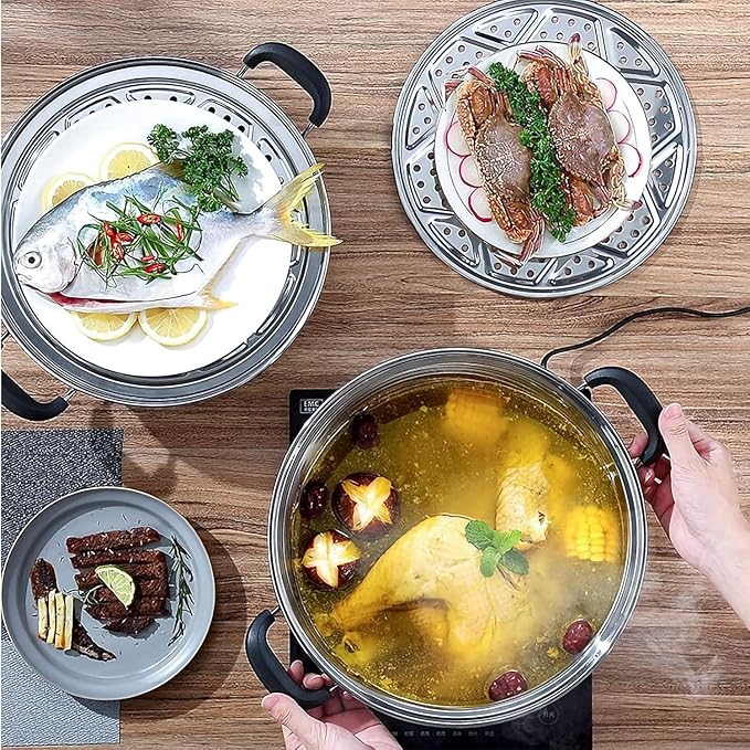 MANO Steamer Pot for Cooking 14.2 inch Steam Pots with Lid 2-tier Stainless Steel Steaming Pot Multipurpose Cookware with Handle for Vegetable, Dumpling, Stock, Sauce, Food…