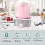 Nostalgia Electric Ice Cream Maker with 2-Qt Double Insulated Gel Canister & Stainless Steel Base - Makes Sorbet, Soft Serve, and Frozen Yogurt - Pink