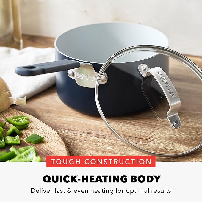 GreenPan x Bobby Flay 2.5QT Nonstick Saucepan with Glass Lid, PFAS-Free Diamond Ceramic, Induction Suitable, Stay-Cool Silicone Handle, Easy Clean Dishwasher & Oven Safe, Chef Pan, Oxford Blue