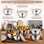 E-far Mixing Bowls With Lids Sets of 5, 10-Piece Stainless Steel Salad Metal Nesting Bowl for Baking Cooking and Prepping, Airtight Lid & Stackable Design, Size 4.6, 3, 2.1, 1.5, 0.7 QT, Khaki