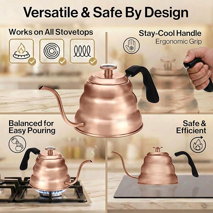 Barista Warrior Gooseneck Kettle with Built-In Thermometer for Pour Over Coffee & Tea - 1L Stainless Steel Kettle Stovetop Safe with Precision Spout - Copper Coated Stainless Steel