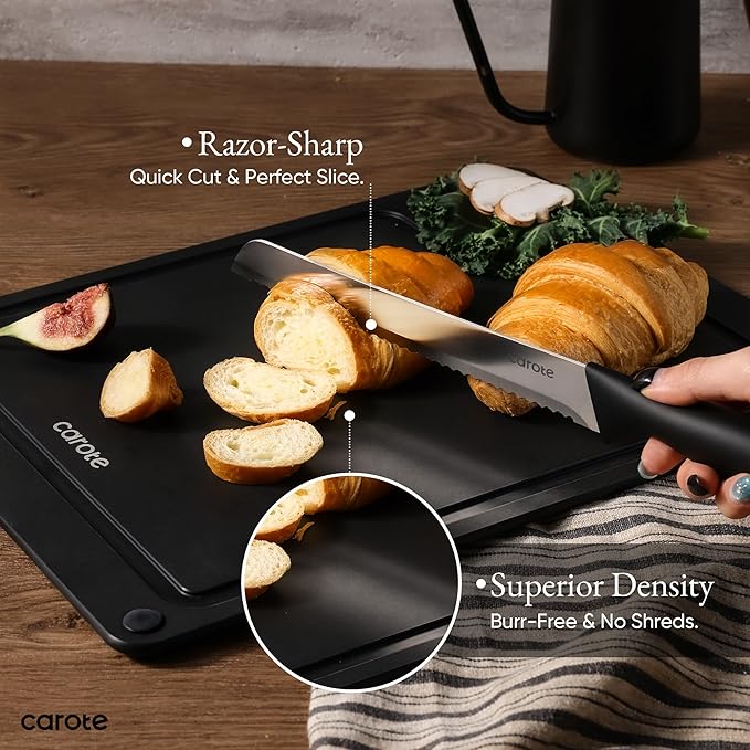 CAROTE Knife Set, 11 Pcs Kitchen Knives with 5 Blade Guards & Non-Slip Cutting Board, Rustproof Stainless Steel 5 Kitchen Knife Set, Plain Black