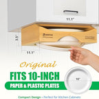 Bamboo Paper Plate Dispenser Under Cabinet for 10 Inch Paper Plates - Plate Organizer for Cabinet – Storage Paper Plate Holders Reusable for Kitchen organizer and Plastic Dinner Plates Disposable