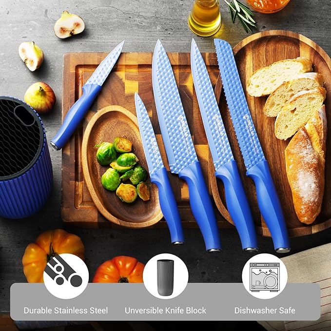 Kitchen Knife Set with Block, 6-Piece Non-stick Stainless Steel Sharp Knives Set for Precision Cutting with Universal Knife Block for Kitchen, Ergonomic Design & Dishwasher Safe, Purple
