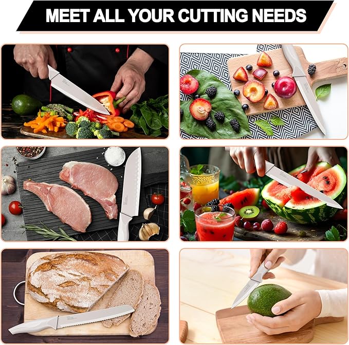 E-far Knife Set with Block, 15 Pieces Kitchen Knife Block Set with Sharpener, High Carbon Stainless Steel Sharp Chef Knife Set with Ergonomic Handles, Anti Rust, Khaki