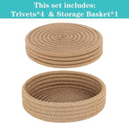 Trivets for Hot Dishes, Pots and Pans, Hot Pads with Storage Basket, Pot Holders for Kitchen, Heat Resistant Mat Protect Counter Home Essentials, Farmhouse Decor (Khaki 4 PCS)